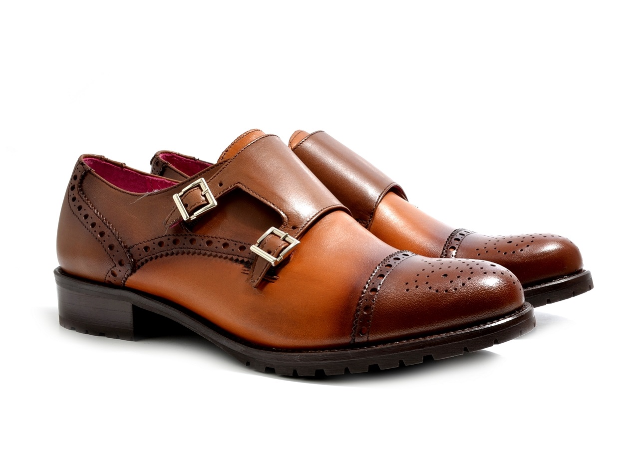 Women's VITELO Double Monk Semi-Brogue Leather Shoes F 116 - Brown